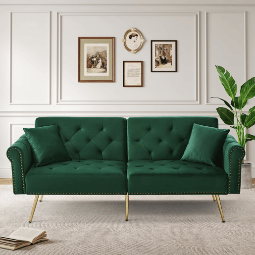 Sofá de 2 lugares - Moderno, estofado em veludo, encosto ajustável em 3 níveis, pés dourados - Verde Antigo Sofá de 2 lugares - Moderno, estofado em veludo, encosto ajustável em 3 níveis, pés dourados - Verde Antigo