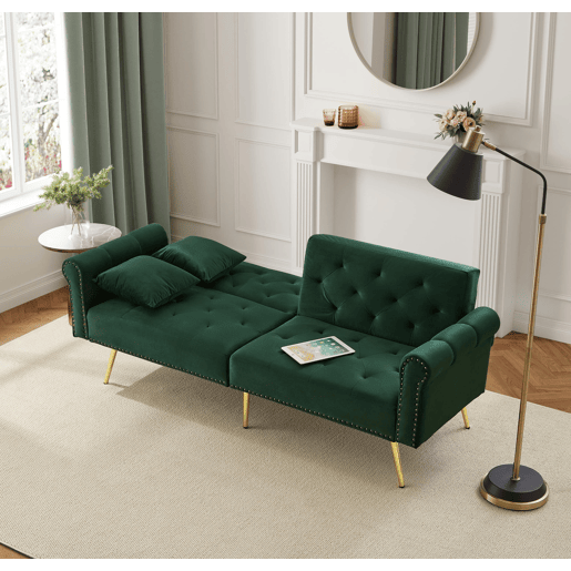 Sofá de 2 lugares - Moderno, estofado em veludo, encosto ajustável em 3 níveis, pés dourados - Verde Antigo Sofá de 2 lugares - Moderno, estofado em veludo, encosto ajustável em 3 níveis, pés dourados - Verde Antigo