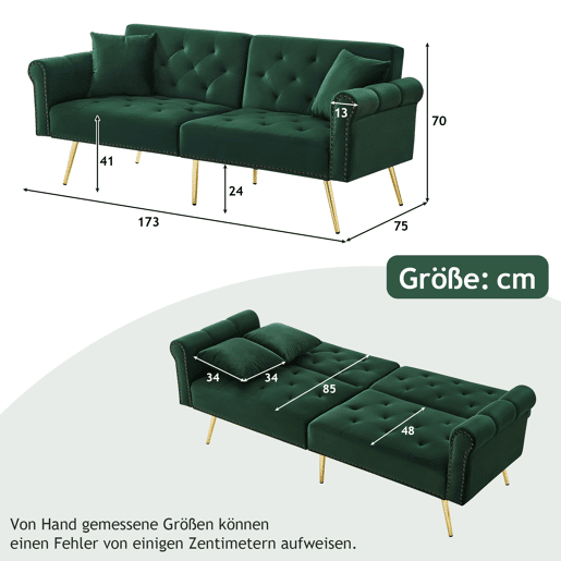 Sofá de 2 lugares - Moderno, estofado em veludo, encosto ajustável em 3 níveis, pés dourados - Verde Antigo Sofá de 2 lugares - Moderno, estofado em veludo, encosto ajustável em 3 níveis, pés dourados - Verde Antigo