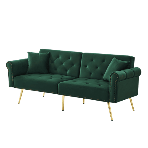 Sofá de 2 lugares - Moderno, estofado em veludo, encosto ajustável em 3 níveis, pés dourados - Verde Antigo Sofá de 2 lugares - Moderno, estofado em veludo, encosto ajustável em 3 níveis, pés dourados - Verde Antigo