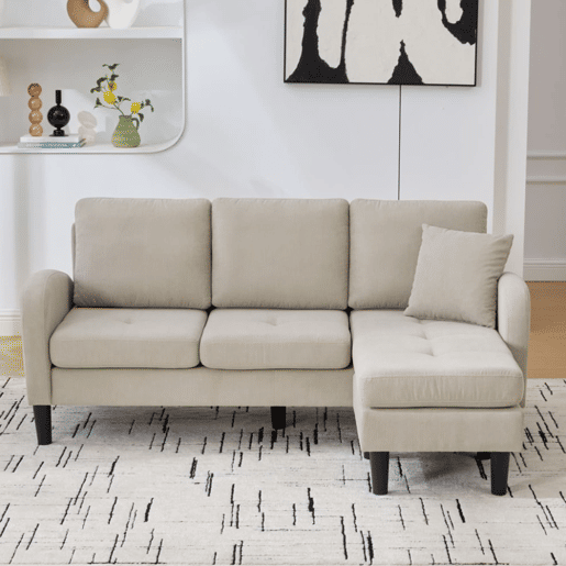 Sofá de canto de 3 lugares 166x118x77 cm - Tecido cordão, modular, pés de plástico - Castanho claro