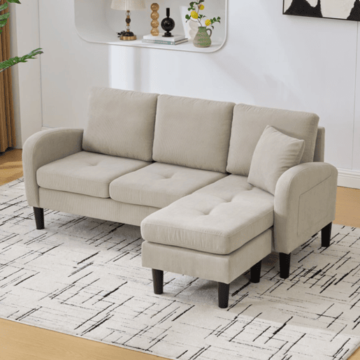 Sofá de canto de 3 lugares 166x118x77 cm - Tecido cordão, modular, pés de plástico - Castanho claro