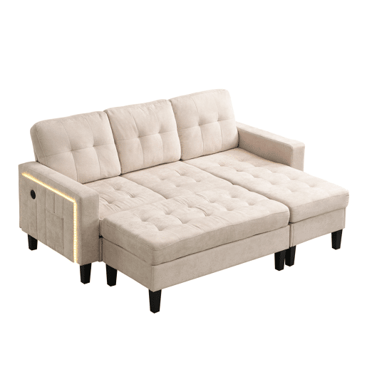 Sofá modular L 3 lugares - com pufe extragrande e luzes LED - Bege