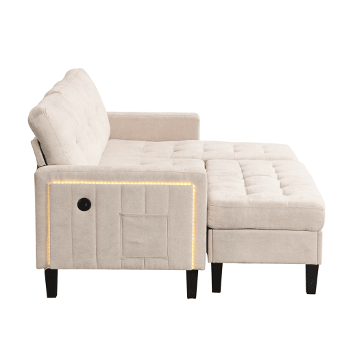 Sofá modular L 3 lugares - com pufe extragrande e luzes LED - Bege