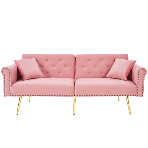 Sofá de 2 lugares - estofado em veludo, encosto ajustável em 3 posições, pés dourados - Rosa
