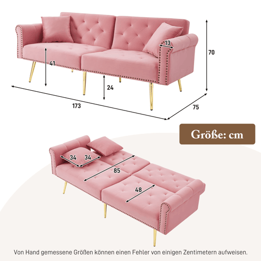 Sofá de 2 lugares - estofado em veludo, encosto ajustável em 3 posições, pés dourados - Rosa