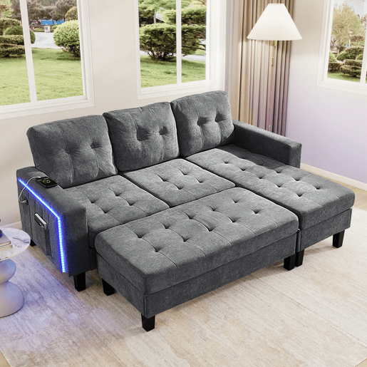 Sofá modular L 3 lugares - com pufe móvel e luz LED ambiente - Cinza Antique