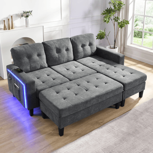 Sofá modular L 3 lugares - com pufe móvel e luz LED ambiente - Cinza Antique