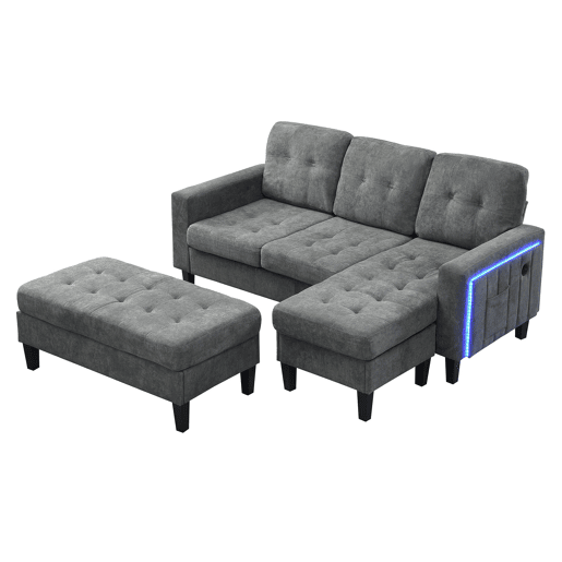 Sofá modular L 3 lugares - com pufe móvel e luz LED ambiente - Cinza Antique