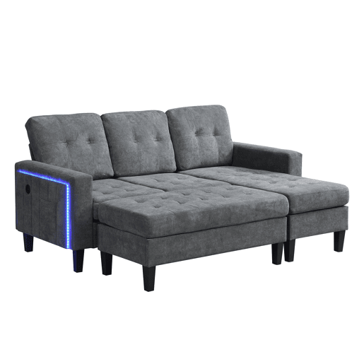 Sofá modular L 3 lugares - com pufe móvel e luz LED ambiente - Cinza Antique