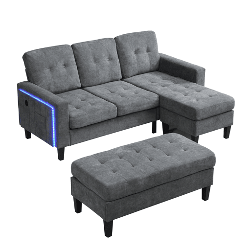 Sofá modular L 3 lugares - com pufe móvel e luz LED ambiente - Cinza Antique