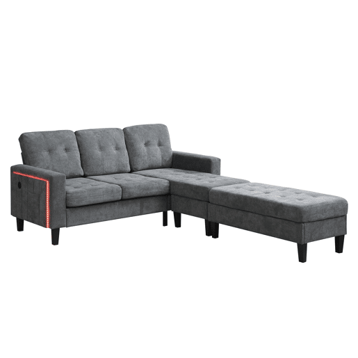 Sofá modular L 3 lugares - com pufe móvel e luz LED ambiente - Cinza Antique