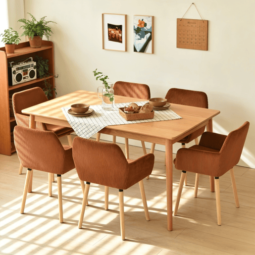 Conjunto 6 Cadeiras De Jantar Estofadas Em Veludo Cotelê Cor Tijolo Com Assento Almofadado Pernas Em Madeira Estilo Nórdico Design Moderno Ideal Para Sala De Jantar Ampla Cozinha Ou Sala De Estar