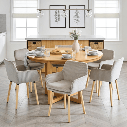 Conjunto De 6 Cadeiras De Jantar Estofadas Em Tecido Canelado Cinza Claro Com Braços, Design Nórdico Moderno, Assento Confortável Com Encosto Envolvente E Pés Em Madeira Maciça Para Sala De Jantar, Cozinha Ou Sala De Estar