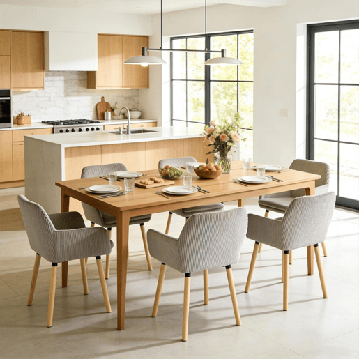 Conjunto De 6 Cadeiras De Jantar Estofadas Em Tecido Canelado Cinza Claro Com Braços, Design Nórdico Moderno, Assento Confortável Com Encosto Envolvente E Pés Em Madeira Maciça Para Sala De Jantar, Cozinha Ou Sala De Estar