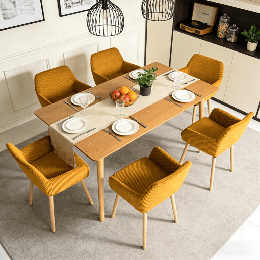 Conjunto 6 Cadeiras Refeicao Estofadas Tecido Cotelê Amarelo Estilo Nordico Moderno Com Bracos Pes Madeira Natural Cadeiras Sala Jantar Cozinha Confortaveis Acolchoadas Para Mesa Refeicao