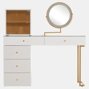 Conjunto de toucador com espelho LED - 120x45x115 cm - mesa com vidro temperado, armário - Branco, Dourado