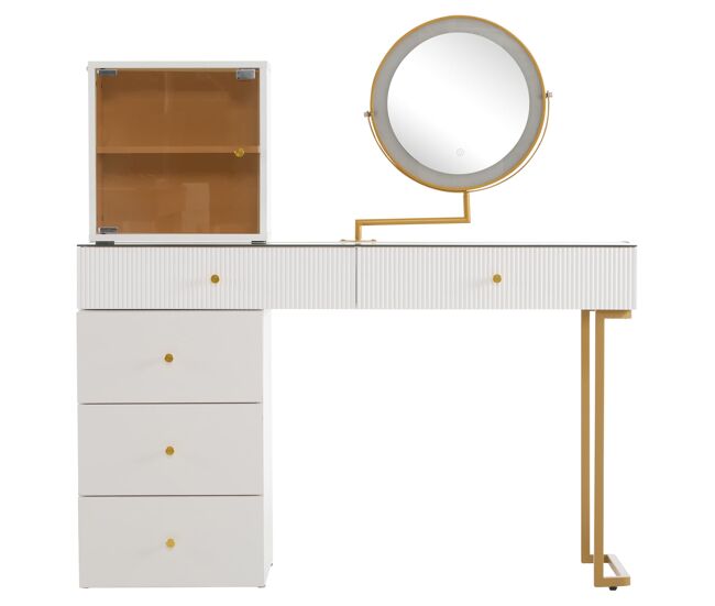 Conjunto de tocador con espejo led - 120x45x115 cm - mesa con vidrio templado, armario - blanco, dorado
