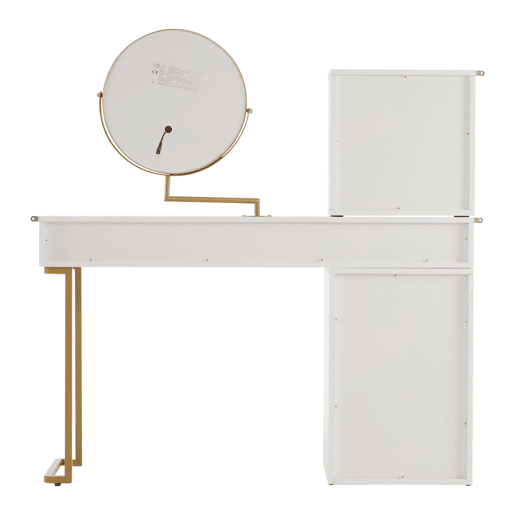 Conjunto de toucador com espelho LED - 120x45x115 cm - mesa com vidro temperado, armário - Branco, Dourado