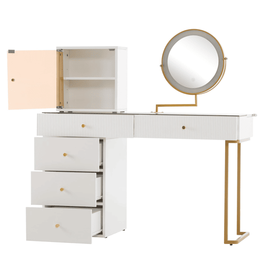 Conjunto de toucador com espelho LED - 120x45x115 cm - mesa com vidro temperado, armário - Branco, Dourado