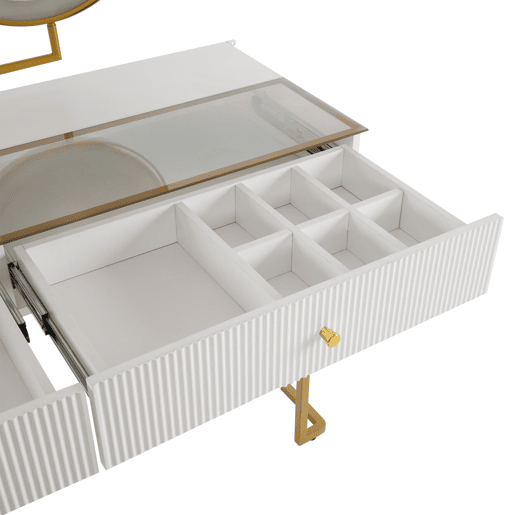 Conjunto de toucador com espelho LED - 120x45x115 cm - mesa com vidro temperado, armário - Branco, Dourado