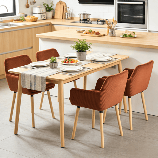 Conjunto 4 Cadeiras De Jantar Estofadas Em Veludo Cotelê Cor Tijolo Com Assento Almofadado Pernas Em Madeira Estilo Nórdico Design Moderno Ideal Para Sala De Jantar Cozinha Ou Sala De Estar