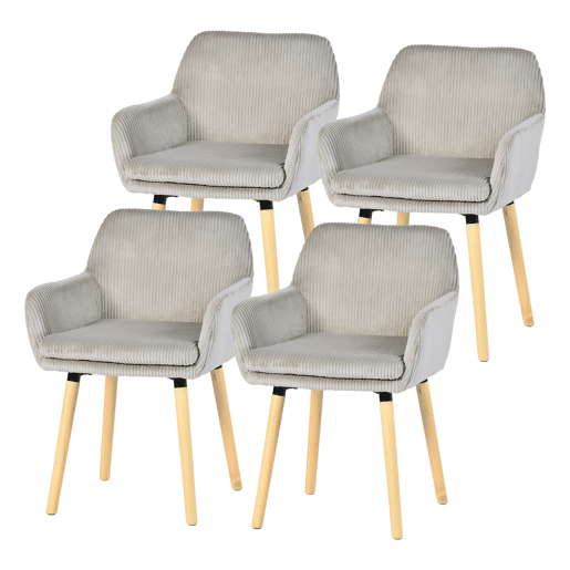 Conjunto 4 Cadeiras Refeição Cinza Claro Estilo Nórdico, Cadeiras Cozinha Estofadas Com Braços, Tecido Canelado, Pés Madeira Natural, Assento Confortável Para Sala Jantar, Cozinha Ou Sala Estar