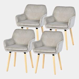 Conjunto 4 Cadeiras Refeição Cinza Claro Estilo Nórdico, Cadeiras Cozinha Estofadas Com Braços, Tecido Canelado, Pés Madeira Natural, Assento Confortável Para Sala Jantar, Cozinha Ou Sala Estar