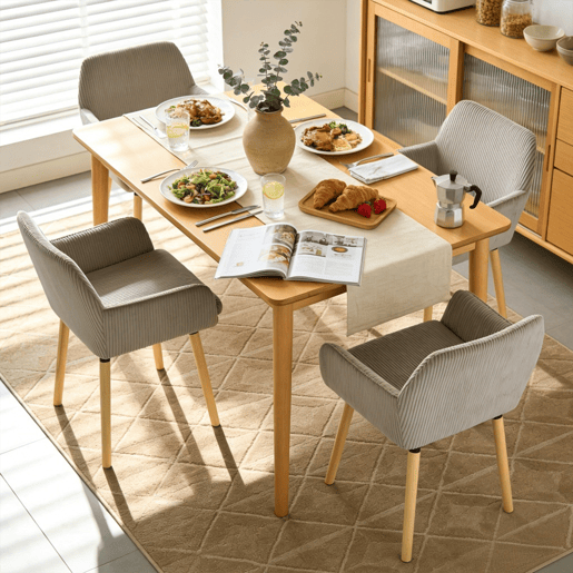Conjunto 4 Cadeiras Refeição Cinza Claro Estilo Nórdico, Cadeiras Cozinha Estofadas Com Braços, Tecido Canelado, Pés Madeira Natural, Assento Confortável Para Sala Jantar, Cozinha Ou Sala Estar
