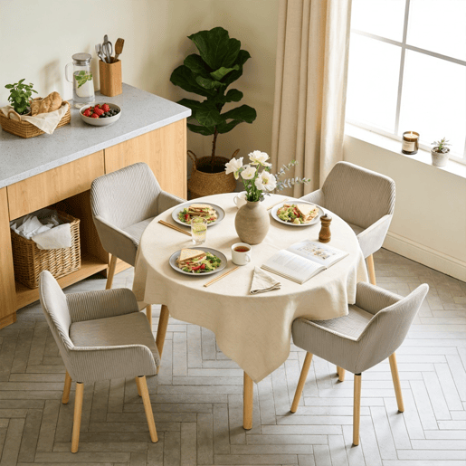 Conjunto 4 Cadeiras Refeição Cinza Claro Estilo Nórdico, Cadeiras Cozinha Estofadas Com Braços, Tecido Canelado, Pés Madeira Natural, Assento Confortável Para Sala Jantar, Cozinha Ou Sala Estar