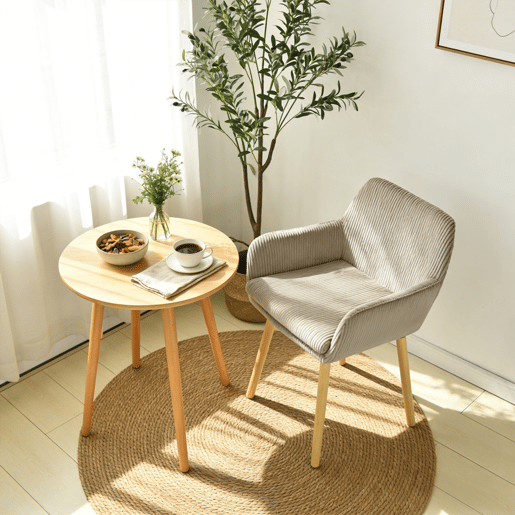 Conjunto 4 Cadeiras Refeição Cinza Claro Estilo Nórdico, Cadeiras Cozinha Estofadas Com Braços, Tecido Canelado, Pés Madeira Natural, Assento Confortável Para Sala Jantar, Cozinha Ou Sala Estar