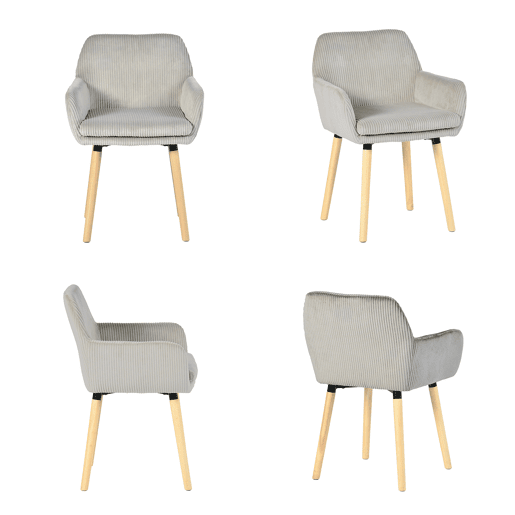 Conjunto 4 Cadeiras Refeição Cinza Claro Estilo Nórdico, Cadeiras Cozinha Estofadas Com Braços, Tecido Canelado, Pés Madeira Natural, Assento Confortável Para Sala Jantar, Cozinha Ou Sala Estar