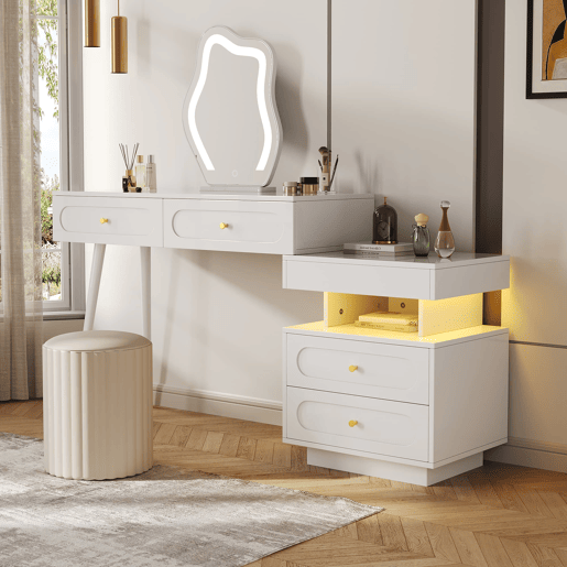 Tocador 140x40x130 cm - LED, 4 gavetas e prateleira aberta - Branco