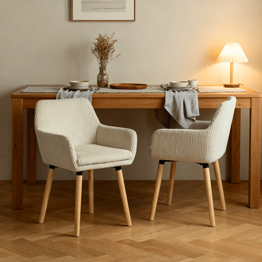 Conjunto 2 Cadeiras De Jantar Estofadas Em Veludo Cotelê Cor Bege Com Assento Almofadado Pernas Em Madeira Estilo Nórdico Design Moderno Ideal Para Sala De Jantar Cozinha Ou Sala De Estar