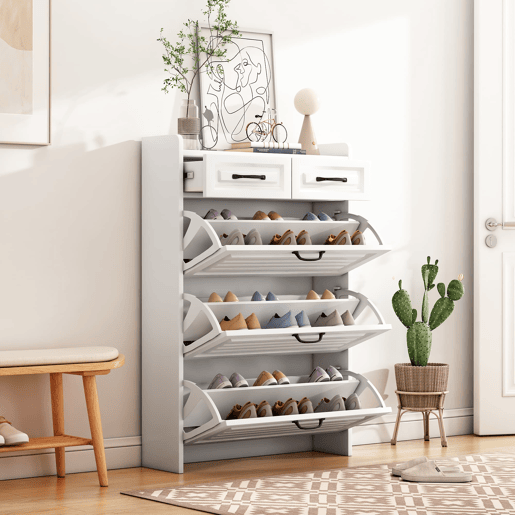 Sapateira 80x23,5x131 cm - com 3 portas e 2 gavetas - madeira - branca - para entrada ou sala de estar