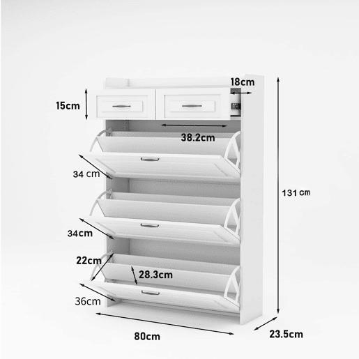 Sapateira 80x23,5x131 cm - com 3 portas e 2 gavetas - madeira - branca - para entrada ou sala de estar