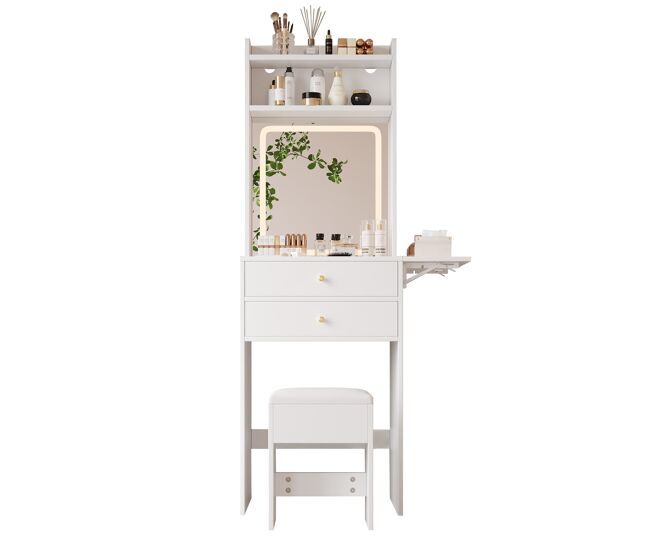 Tocador pequeño 75x156x45 cm - led regulable, 2 cajones, 2 compartimentos, tableros abatibles - blanco