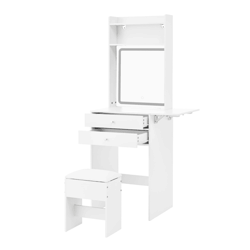 Penteadeira pequena 75x156x45 cm - LED regulável, 2 gavetas, 2 compartimentos, painéis rebatíveis - Branco Penteadeira pequena 75x156x45 cm - LED regulável, 2 gavetas, 2 compartimentos, painéis rebatíveis - Branco