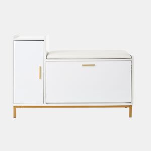 Banco sapateiro 100x38x68 cm - 2 compartimentos, armário e assento almofadado - branco dourado
