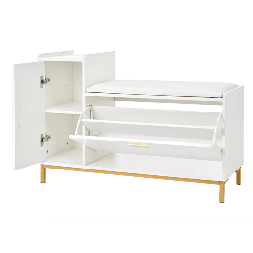 Banco sapateiro 100x38x68 cm - 2 compartimentos, armário e assento almofadado - branco dourado Banco sapateiro 100x38x68 cm - 2 compartimentos, armário e assento almofadado - branco dourado