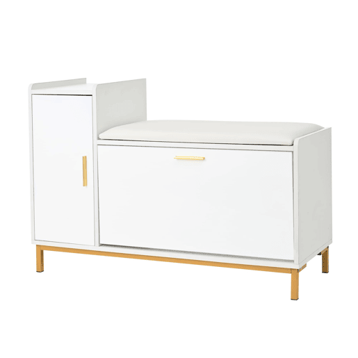 Banco sapateiro 100x38x68 cm - 2 compartimentos, armário e assento almofadado - branco dourado Banco sapateiro 100x38x68 cm - 2 compartimentos, armário e assento almofadado - branco dourado