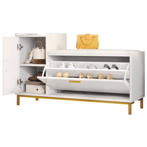 Banco sapateiro 100x38x68 cm - 2 compartimentos, armário e assento almofadado - branco dourado Banco sapateiro 100x38x68 cm - 2 compartimentos, armário e assento almofadado - branco dourado