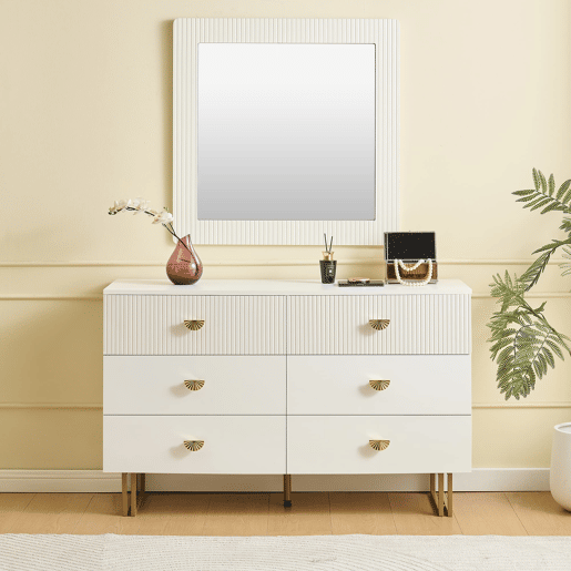 Conjunto aparador e espelho 80x80 cm - 6 gavetas com detalhes dourados - Branco