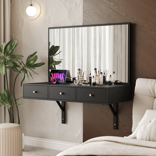 Penteadeira suspensa 100x105x45 cm - 3 gavetas, espelho, tomadas, suporte para tablet e bebida - Preto