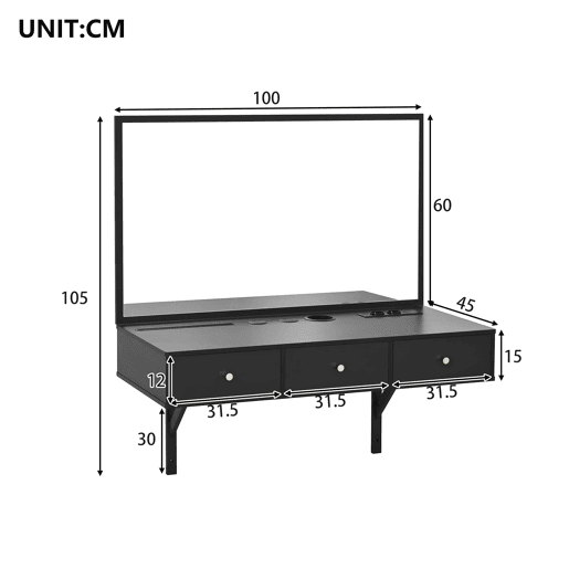 Penteadeira suspensa 100x105x45 cm - 3 gavetas, espelho, tomadas, suporte para tablet e bebida - Preto