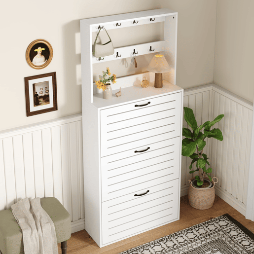 Sapateira com 3 portas - Prateleira para sapatos, gancho para chapéus e bolsas - Branco