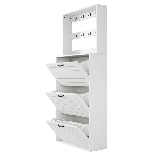 Sapateira com 3 portas - Prateleira para sapatos, gancho para chapéus e bolsas - Branco