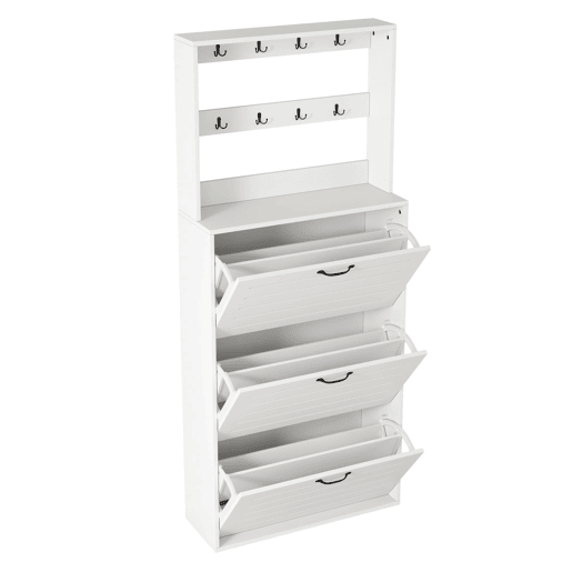 Sapateira com 3 portas - Prateleira para sapatos, gancho para chapéus e bolsas - Branco