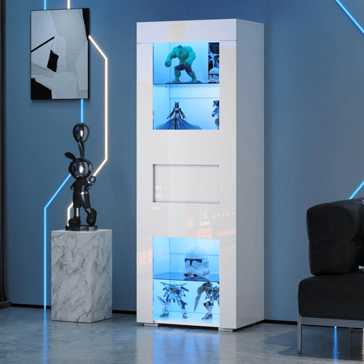 Vitrine 60x40x170 cm - Portas acrílicas, LED, 2 prateleiras de vidro, alto brilho - Branco