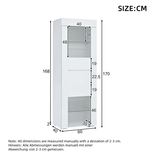 Vitrine 60x40x170 cm - Portas acrílicas, LED, 2 prateleiras de vidro, alto brilho - Branco